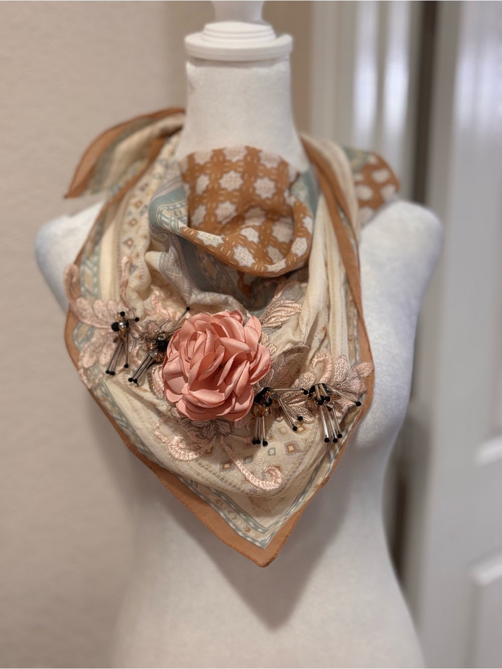 Peach & Cream Floral Embellished Scarf with Decorative Brooch